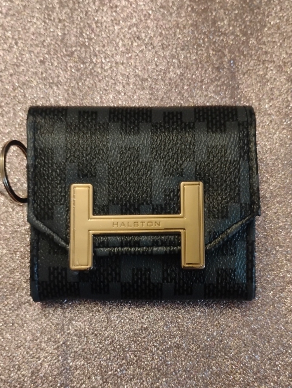 NWT H by Halston Black Gray Checkered Mini Wallet Gold Logo Key Ring